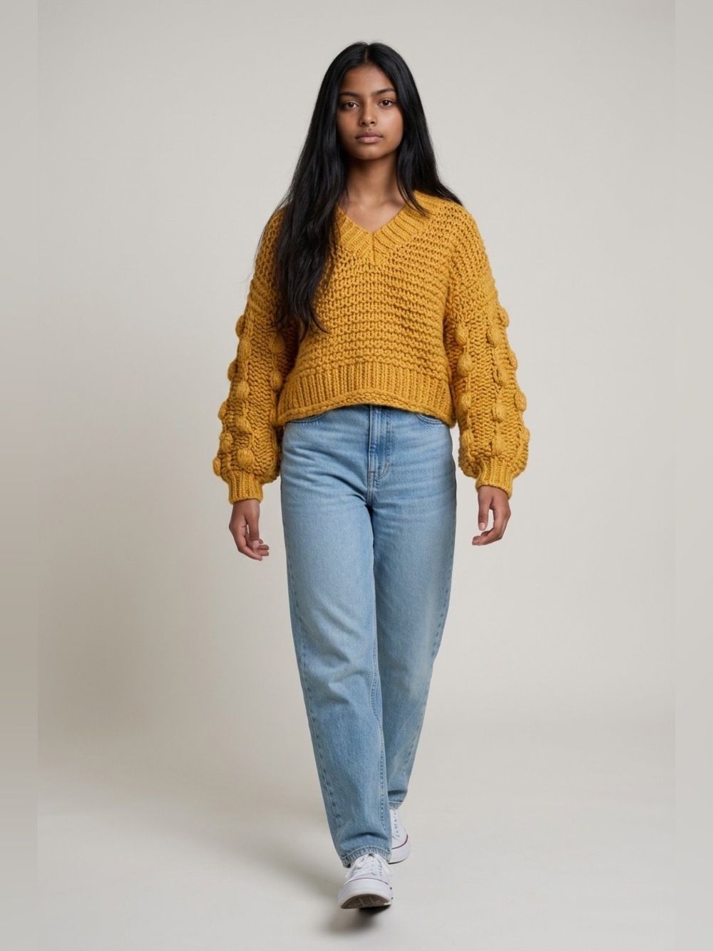 FAVLUX Mustard V-Neck Bubble-Sleeve Knit Sweater